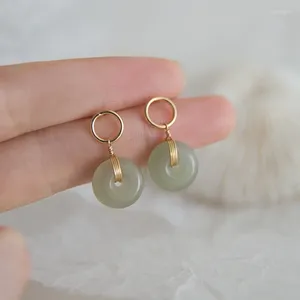 Dingle örhängen runda grönt naturligt Hetian Jade droppörhänge för kvinnliga smycken gåvor Retro öronhänge studs