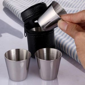 Tumbler 4 PC/Set cilalı 70 ml mini paslanmaz çelik s cam bardak içme kamp seyahat için deri kapak çantası ile şarap bardakları