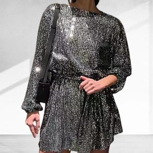 Casual Dresses Women Dress Elegant Solid Color Sparkling Sequin Mini med snörning DETAKT Tät midja för Shiny Round Club