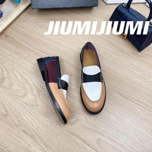 Casual Shoes JIUMIJIUMI Retro Genuine Leather Shallow Woman Flats Loafers Slip-ons Brogue Boat Patchwork Botas Mujer