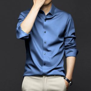 Fashion High Quality Luxury Elegant Mens Shirt Social Long Sleeve Solid Slim Fit Casual Formal Business Silk Shirts 240314