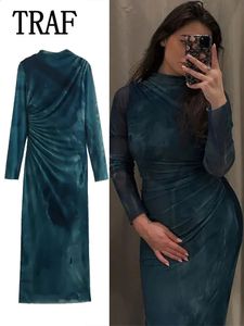 Traf Woman Silk Mesh sukienka midi 2023 Autumn Women Długie rękaw Vintage Elegancka Slim 240313