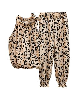 Retailwhole ragazze Leopard chiffon 2 pezzi set tuta arco senza maniche toppant Set di abbigliamento ragazza abiti bambini Designer Cl6440715