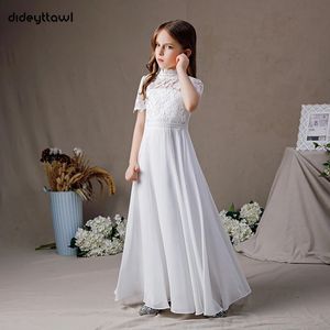 Dideyttawl White High Neck Chiffon First Communion Dresses 2024 Lace Short Sleeves Junior Bridesmaid Gown Concert Birthday Party 240309