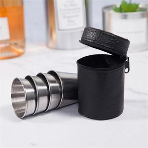 Tumblers 4PCS/Set Polished 30Ml Mini Stainless Steel S Cup Wine Drinking Glasses With Leather Cover Bag Home Kitchen Bar High Quality