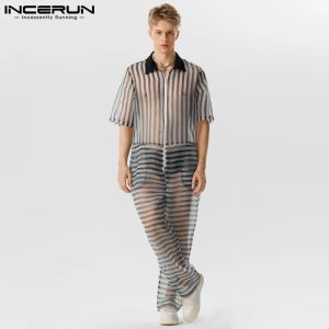 Pants INCERUN 2023 American Style Men Jumpsuits Sexy Fashion Stripe Seethrough Mesh Rompers Casual Loose Short Sleeved Bodysuit S5XL