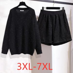 Conjuntos novo outono inverno plus size roupas femininas grande solto preto lantejoulas malha camiseta e shorts duas peças terno 4xl 5xl 6xl 7xl