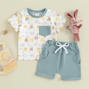 Set di abbigliamento Bambino Neonato Abiti pasquali Coniglietto Lettera Stampa T-shirt a maniche corte Top Pantaloncini Abiti estivi per neonati