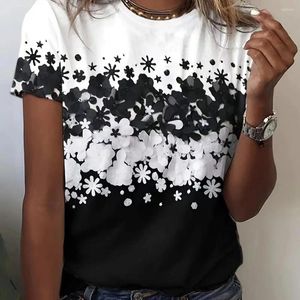 女性用ブラウスOネック半袖チュニックトップ女性Tシャツの花柄のストリートウェアルーズフィットかわいい夏の服