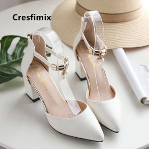 Boots Cresfimix Women Cute Sweet White Pu Leather Strap High Heel Pumps Lady Classic Beige Heels Fashion High Heel Shoes B5528