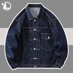 Retro Dark Blue Denim Jacket Men Casual Loose Vintage Jeans Jackets American Style Cargo Pocketwear Japanese Outwear 240311