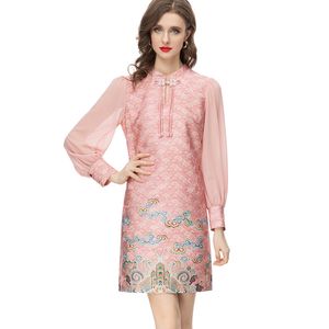 Women's Runway Dresses Chinese Mandrin Collar Long Sleeves Pearls Button Printed Vintage Pencil Short Vestidos