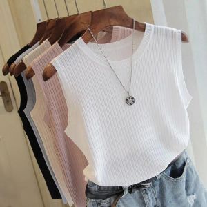 Tops Summer Round Neck Undershirt Women Wide Straps Ice Silk Thin Inner Sleeveless Knitted Solid Color Outer Tops
