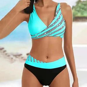 Women's Swimwear Women Bikini Swimsuit One-piece Stylish Sets Contrast Color Striped Print Padded Bra For Sports