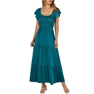 Vestidos casuais mulheres vestido de verão regular manga curta pescoço quadrado smocked cintura elástica em camadas uma linha maxi com bolsos