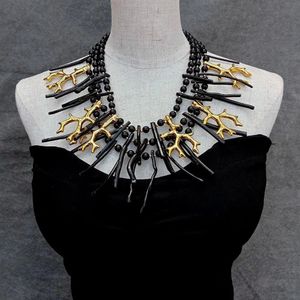 YYGEM 3 rows 40mm Black Coral 38x60mm Golden Resin Branch 8mm Onyx Statement Necklace Handmade Women Jewelry 240305