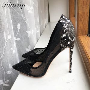 Boots Tikicup Croceffect Women Pointed Toe Mesh Pumps with Tiny Studs Black Sexy Ladies Party High Heel Shoes Diamond Pumps