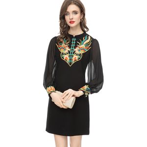 Women's Runway Dresses Stand Collar Long Sleeves Embroidery Vintage Pencil Short Vestidos