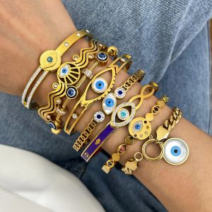 Turkiska onda ögon 14k gult guld uttalande armband för kvinnor trendig mode kvinnlig etnisk stil inlagd skal smycken