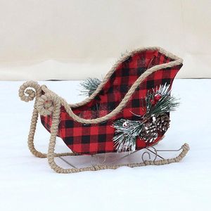 Decorative Flowers Small Santa Christmas Sleigh Decoration Red Plaid Table Centerpiece For Holiday Decor (11 X 5 7.8 Vintage Ornament