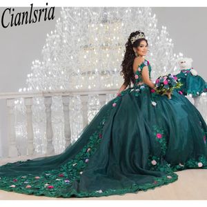 Green Mexican Quinceanera Dresses Handmade 3D Floral Applique Birthday Princess Formal Sweet 15 16 Ball Gowns Vestidos XV Anos