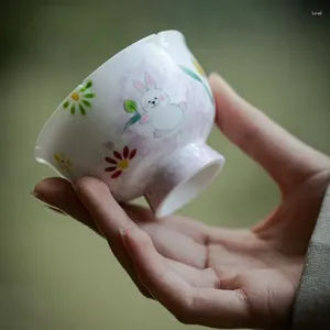 Copos pires pintados à mão bonito correndo porcelana chinesa conjunto de xícara de chá tigela para cerimônia rosa teacup