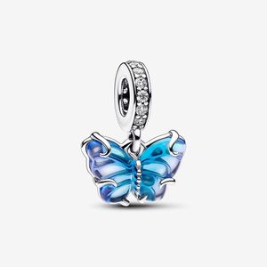 Azul Murano Vidro Borboleta Dangle Charm Pandoras 925 Sterling Silver Luxury Charms Set Pulseira Fazendo encantos Designer Colar Pingente Caixa Original Qualidade Superior