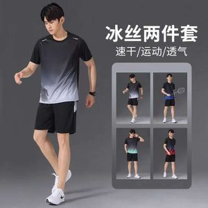 Roupas masculinas de seda gelo secagem rápida conjunto de roupas esportivas verão manga curta camiseta shorts treinamento equipamentos corrida d8wv