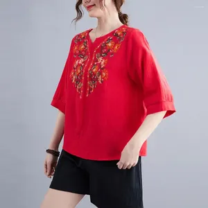 Women's Blouses Relaxed Fit Summer Top Stylish V-neck Floral Embroidered Shirt Casual Half Sleeve Pullover With Loose For Women