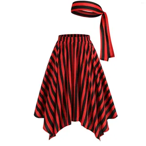 Saias Mulheres Irregular Hem Cintura Elástica Cosplay Pirata Traje com Cinto Halloween Moda Preto Vermelho Bloco Stripe Meia Saia