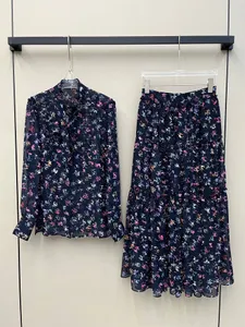 2024 Designer Two Piece Dress Fashion Summer Long Sleeves Elegant Shirts Lady A-line Skirts Set