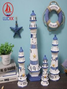 Luckk Mediterranean Style Stripe Lighthouse Wooden Model Handicraft Home Decorations Creative Marine Arts and Crafts Oraments T203830172