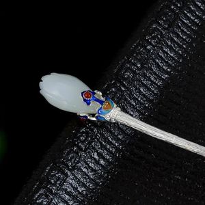 Ethnic style magnolia flower natural an Jade tiara 925 silver enamel hair jewelry for women hanfu accessories gift 240311