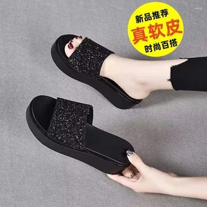 480 2024 Slippers Thick Summer Sole Outerwear Sandals Women's Rhinestone Sequins Beach Fashion Matsuke Leather 67223