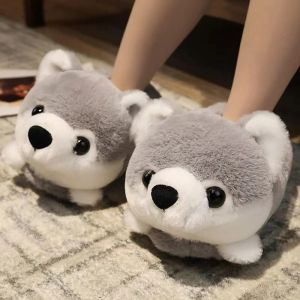 Boots Woman Super Cute Cartoon Husky Dog Plush Doll Slippers Lovely Soft Stuffed Animal Cotton Shoes Warm Winter Indoor Anime Slides