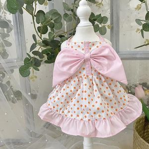 Dog Apparel Summer Bow Polka Dot Halter Dress Chihuahua Cat Puppy Clothes Lace Sun Hat Yorkshire Poodle Bichon Teddy Outdoor Clothing XS
