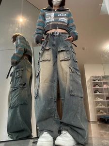 Женские джинсы HOUZHOU, дизайн с несколькими карманами, женские уличные джинсовые брюки, женские широкие брюки в стиле хип-хоп с высокой талией, мешковатые сумки Y2k