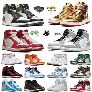 T Trump trampki Never Surnder High-Tops Designer 1 złoty niestandardowy Jumpman 1S University Blue Patent Hoded Yellow Dark Mocha Zagubiona i znaleziona trampki na świeżym powietrzu