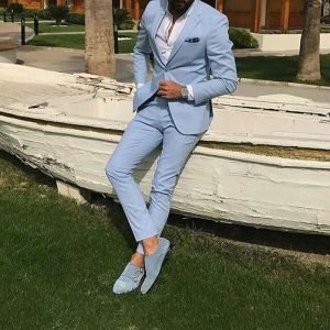 Suits Light Sky Blue Slim Fit Men Suits Notched Lapel Bride Groom Beach Wedding Tuxedos Blazers Set (Jacket+Pant)