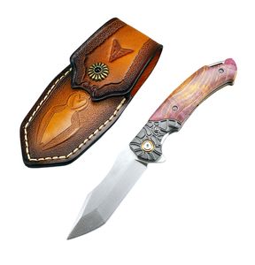 High End taktyczny składany nóż M390 stalowa ostrze kolor drewniany stalowy uchwyt głowicy na zewnątrz kemping łożyska krępowskie noże składane ze skórzaną osłoną