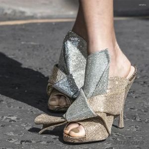 Sandaler Slipper High Heel Silver Sequins Tyg Patchwork Knot Peep Toe Kvinnor Bowtie Party Shoes Mixed Colors Slingbacks