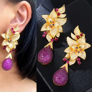 Missvikki Luxury Long Flower Drop Earrings Crossover Women Girl Party Daily Fashion Micro Cubic Zirconia Pave Super Jewelry Gift240307