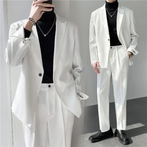 Suits Korea Loose Style Men Suits Spring Summer Casual White Black Grey Double Breasted Youth Suit Prom Costume Homme Jacket+Pant