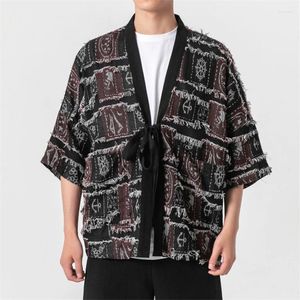 Ubranie etniczne Japońska moda kimono mężczyzn wielki rozmiar Haori Casual Coat Man Threa Quarter Rękaw Bawełniany bielizn Kurtka Hanfu