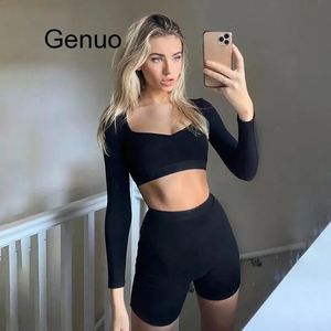 Två stycken Casual Tracksuit Women Set Black Plus Size Long Sleeve Crop Top and Shorts Party Club Piece Outfits 240326