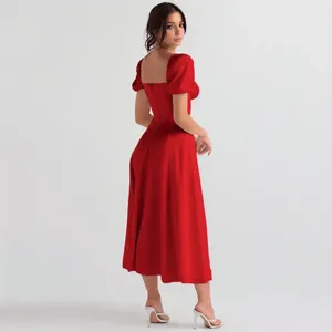 Casual Dresses Lace-up Midi Dress Women Spring Break Elegant Square Neck With Tiered Ruffles Strap Detail Women's