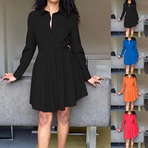 Vestidos casuais manga longa camisa feminina vestido lapela botão até sólido fino ajuste verão plissado midi elegante feminino vestidos