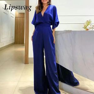 Women Sexy Backless LaceUp Sportswear Casual HalfSleeve Solid Party Jumpsuit Office Elegant Deep VNeck SlimFit Long 240307