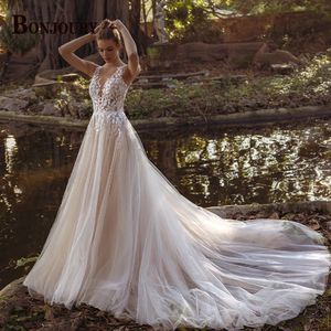 BONJOURY Pastrol Hochzeit Kleid V-ausschnitt Tank-Sleeveless Für Frauen Braut Vestidos De Noiva Nach Maß Applikationen Formale 240314