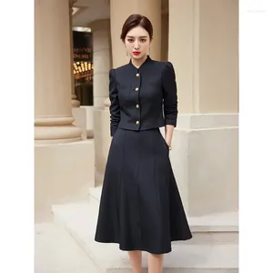 Two Piece Dress Skirt Suits For Women 2024 Fashion Office Ladies Long Sleeve Single Breasted Tops Elegant A Line Skirts 2 Sets S-4XL